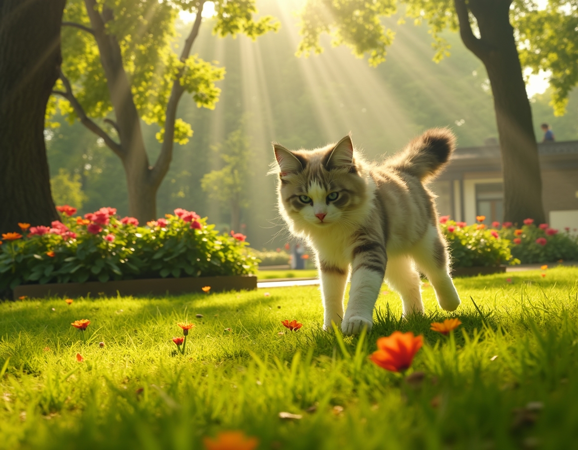 Cat enjoys a lively city park, playing and exploring the greenery amidst the urban backdrop.